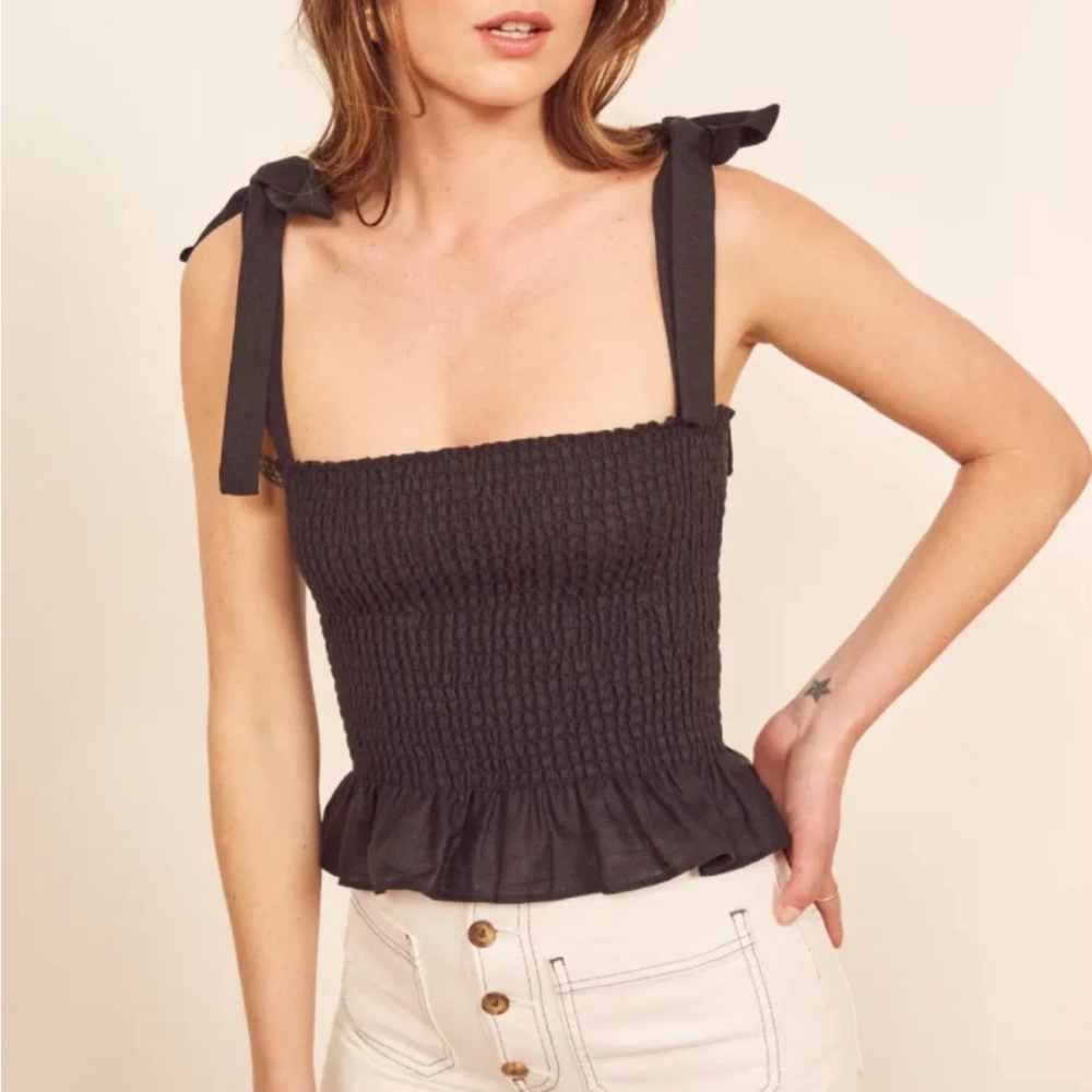 Reformation Black Smocked Tie-Shoulder Valley Crop Top